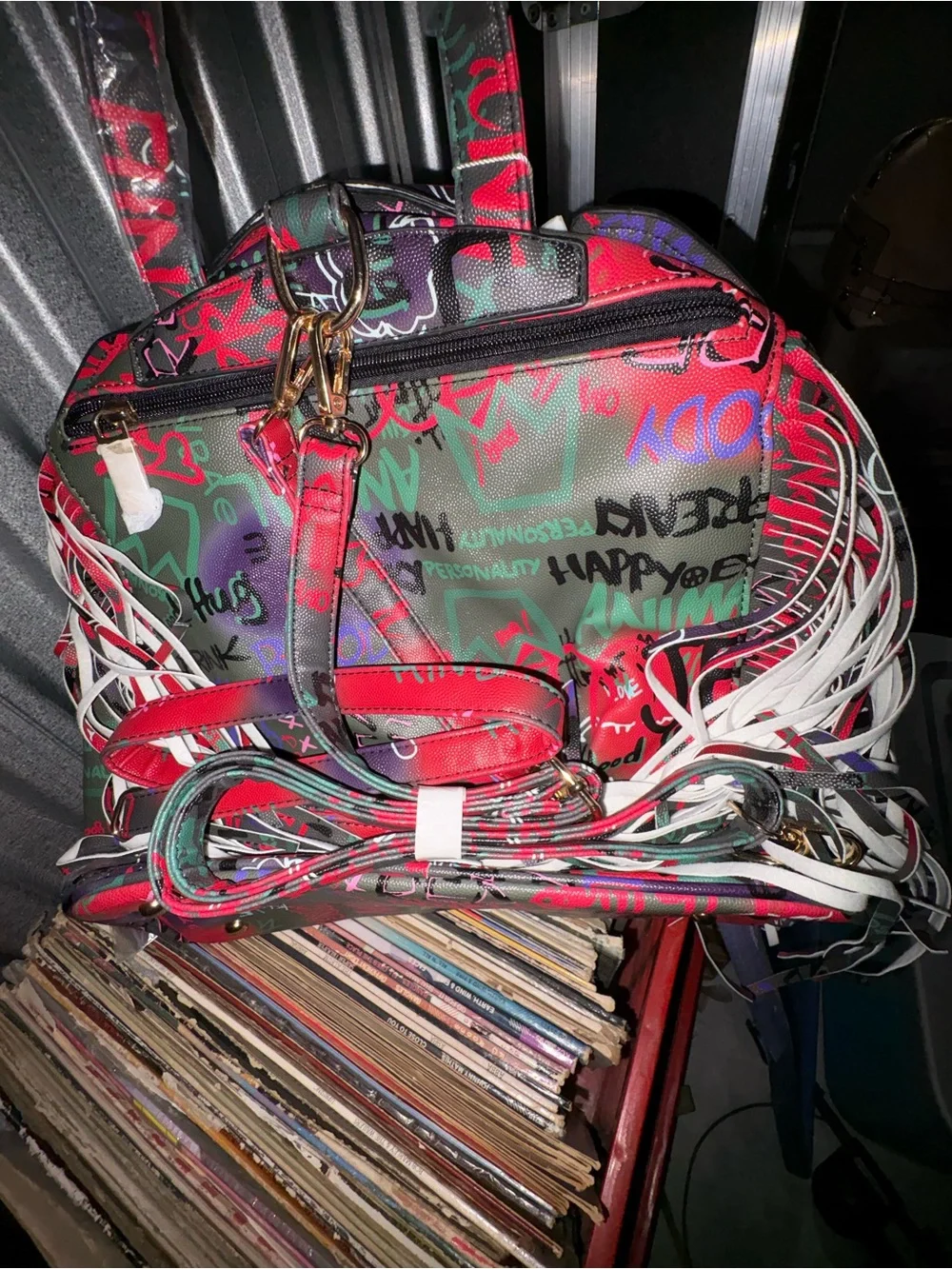 SOLD……Le Miel Red Graffiti Fringe Laptop Tote